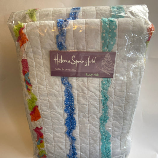 Quilt with colorful patterns and a brand label on a white background