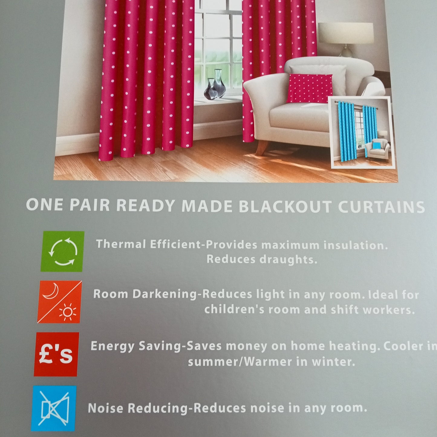 Dotty Eyelet Curtains by E A Design - Pink or Blue with White Dots - Black Out - Thermal Effieient