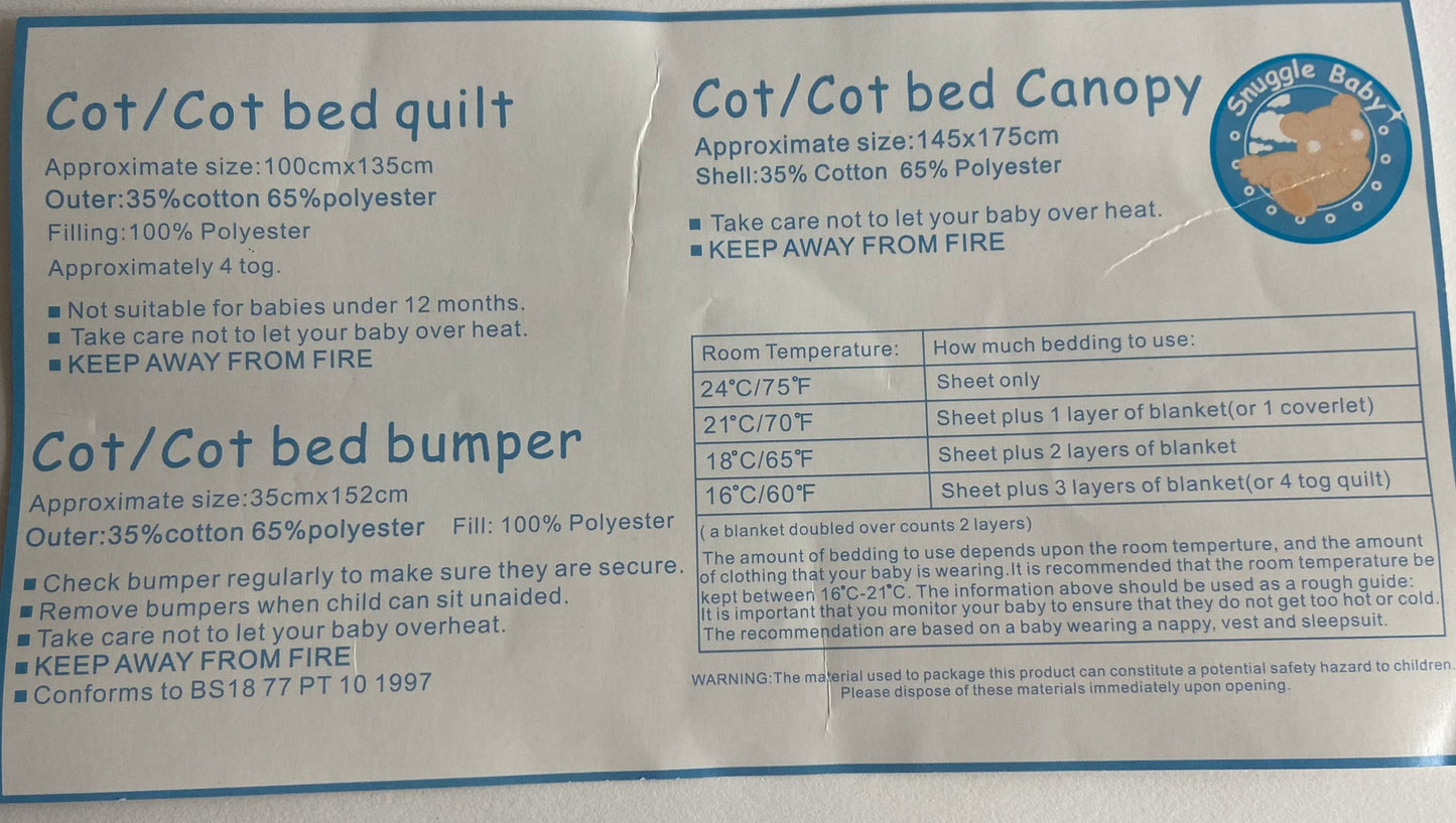 Cot Bed Canopy, Quilt & Bumper by Snuggle Baby