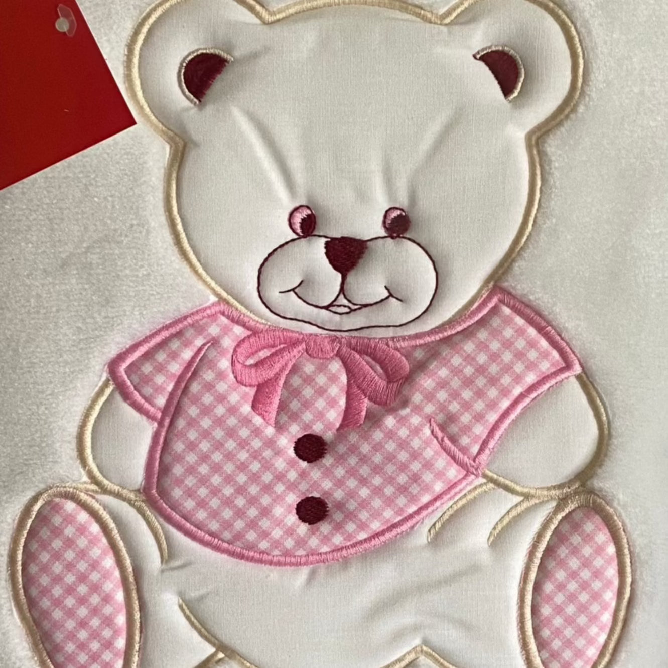 Baby Nancy Blanket by Pierre Cardin - Applique Teddy Bear with Gingham Trim