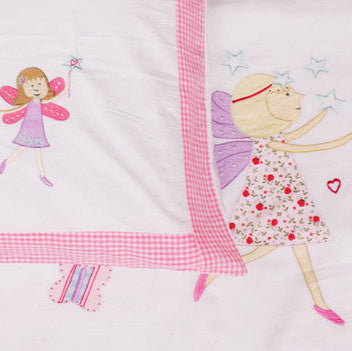 Children's bedding set with fairy designs on a white background