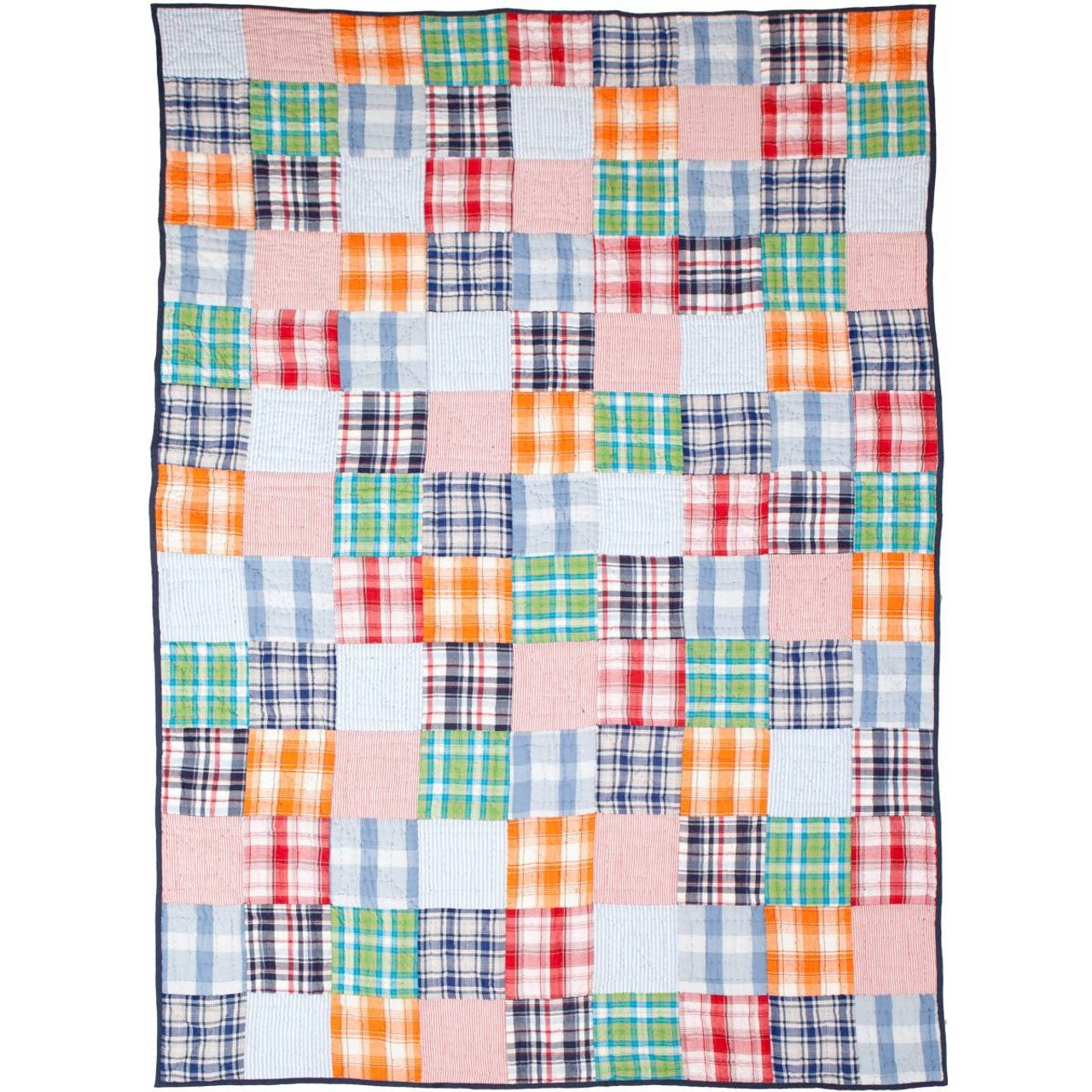 Multicolored plaid patterned blanket on a white background