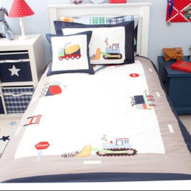 Children's bedroom with bed featuring vehicle-themed bedding, colorful walls, and decorative elements.