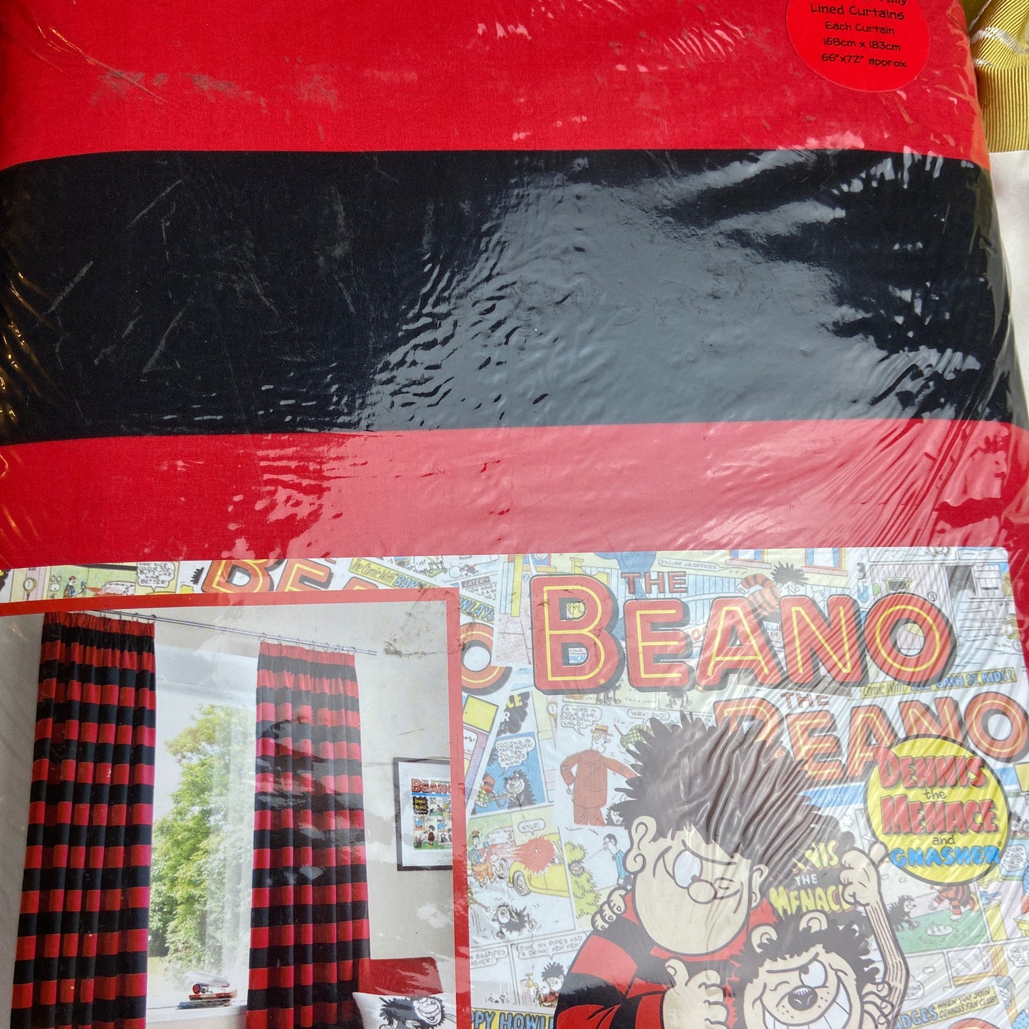 Dennis & Gnasher Fully Lined Curtains - Red & Black Striped - Pencil Pleat