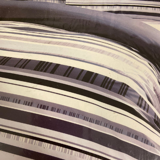 Zinnia Charcoal Double Duvet Set by Dreams 'n' Drapes. This striped duvet set in charcoal , white and paler shades of grey with the reverse in a solid deep grey colour. 52% polyester 48% cotton.