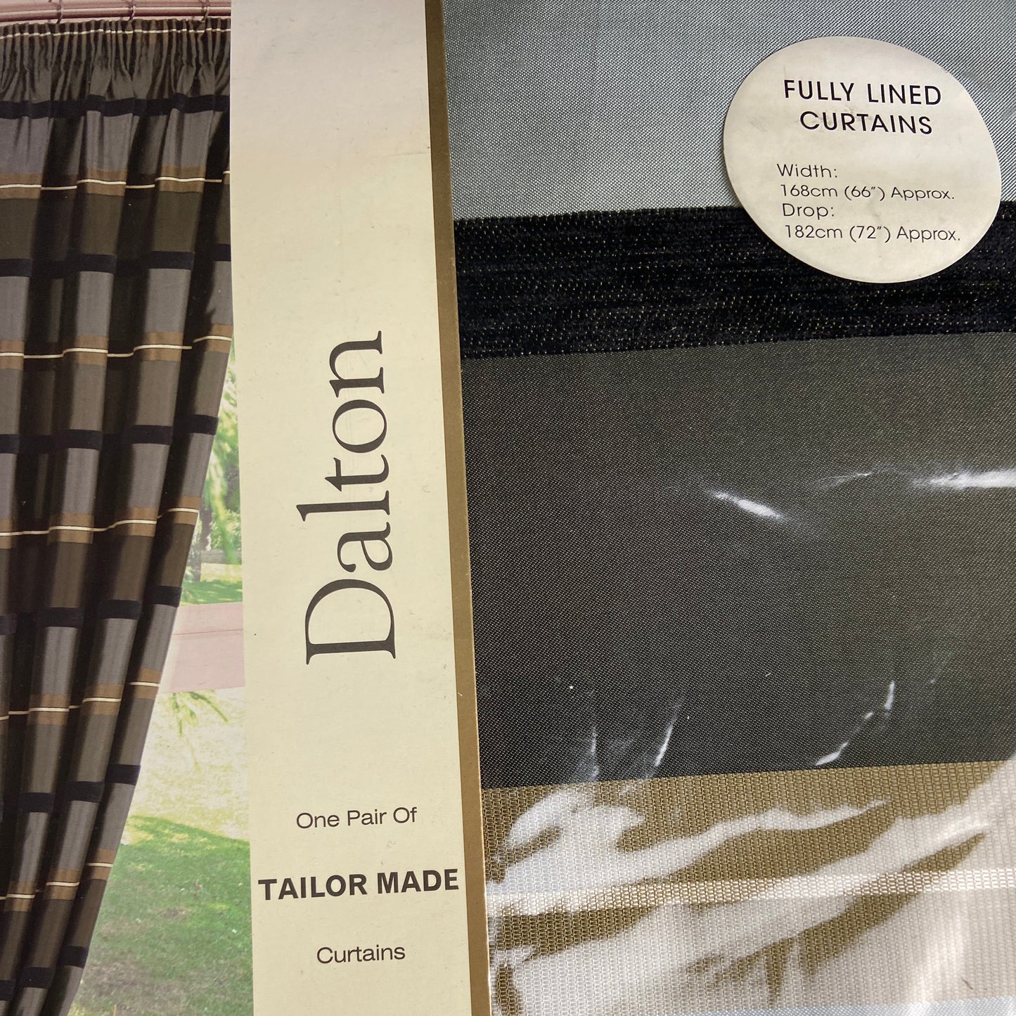 Curtain material with 'Dalton' branding and text about fully lined curtains.