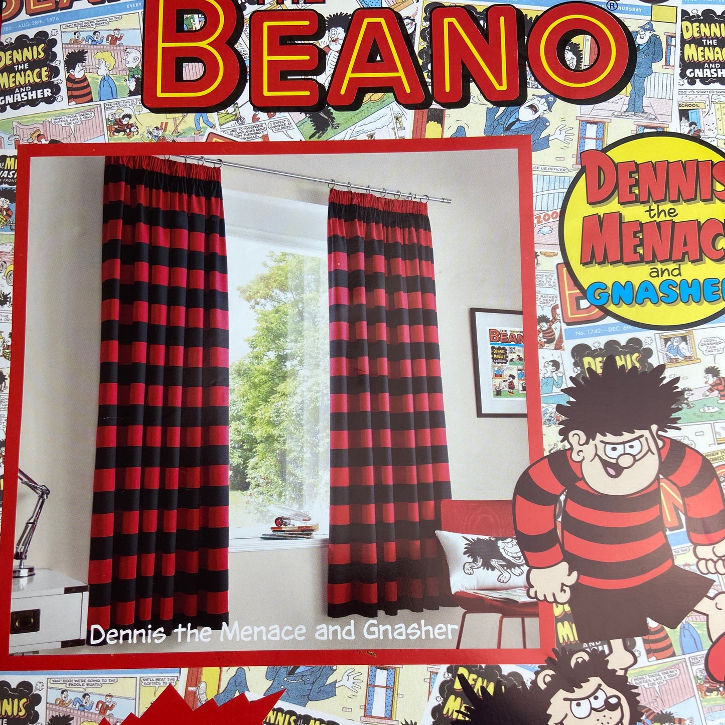 Dennis & Gnasher Fully Lined Curtains - Red & Black Striped - Pencil Pleat